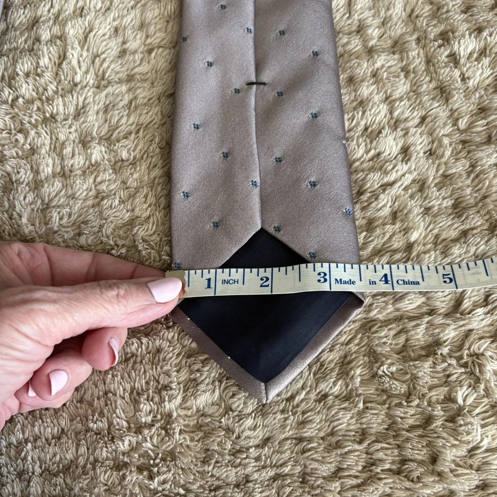 Vintage YSL Yves Saint Laurent Tan Blue Embroidered Logo Floral Dots Silk 70's